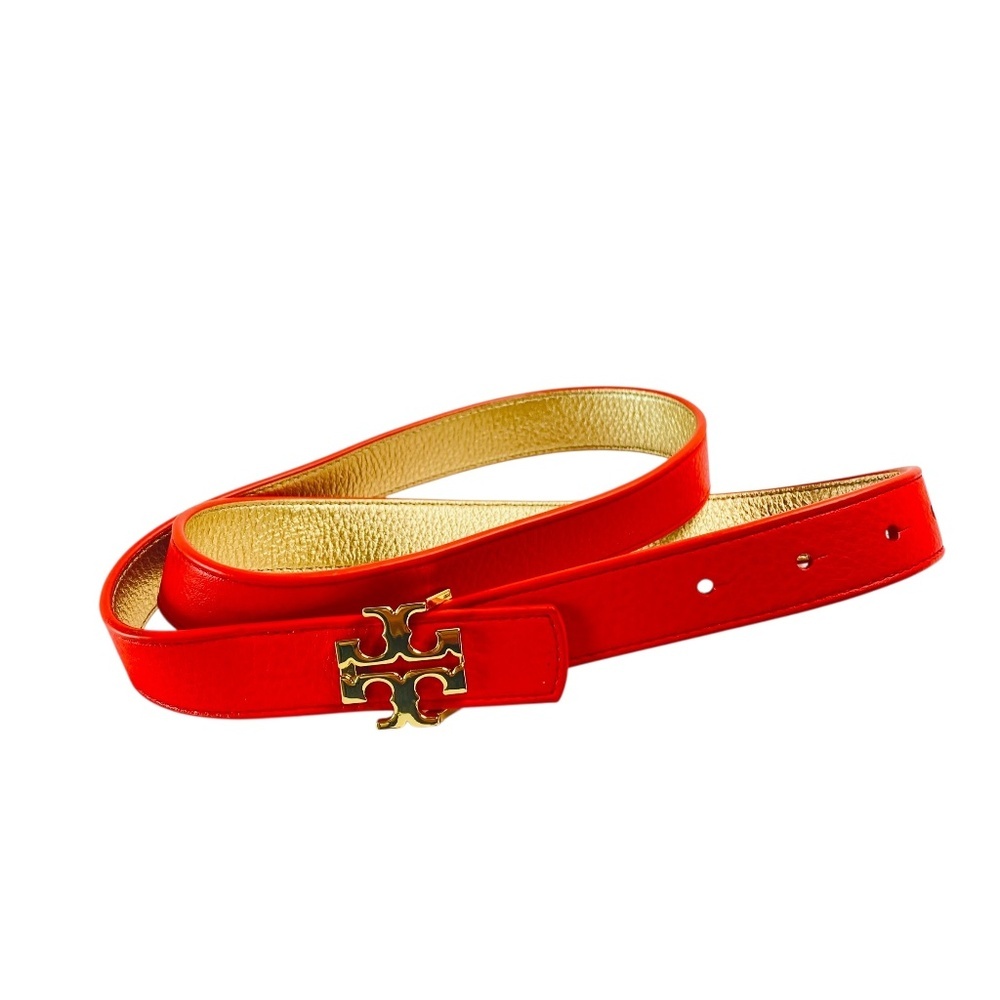 TORY BURCH Logo Reversible Pebble Grained Leather Red and Gold 1” Belt - Picture 3 of 6